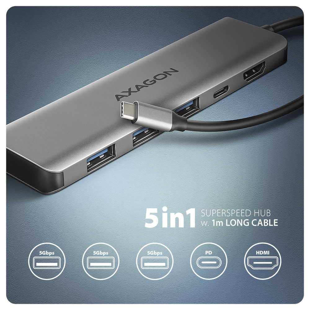 AXAGON HMC-5H – USB-C 5v1 hub s HDMI, třemi porty USB-A a Power Delivery
