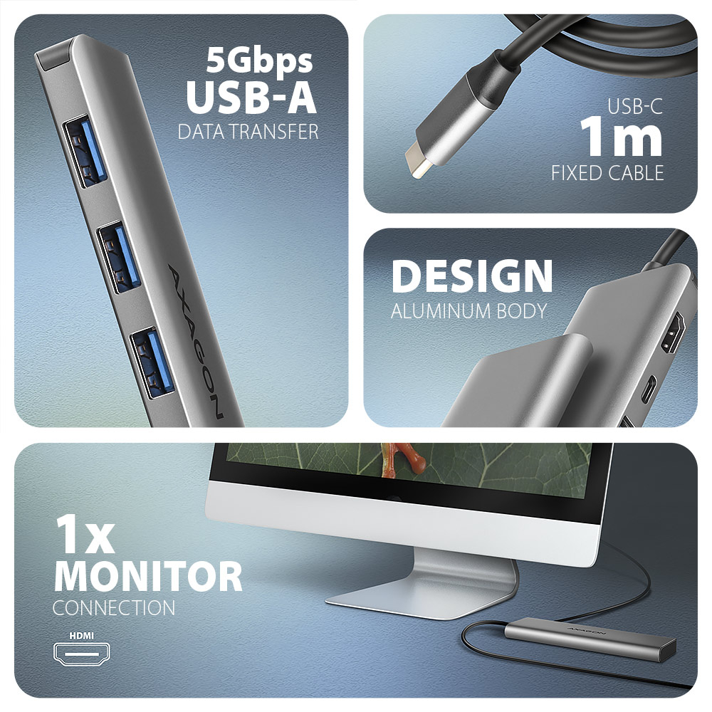 Detail portů AXAGON HMC-5H – USB-A konektory, hliníkové tělo a připojení k monitoru