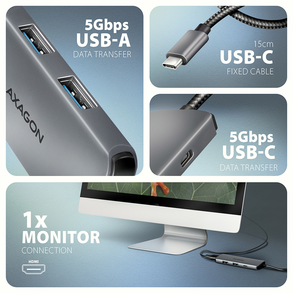 Detail portů USB-A, USB-C kabelu a připojení k monitoru
