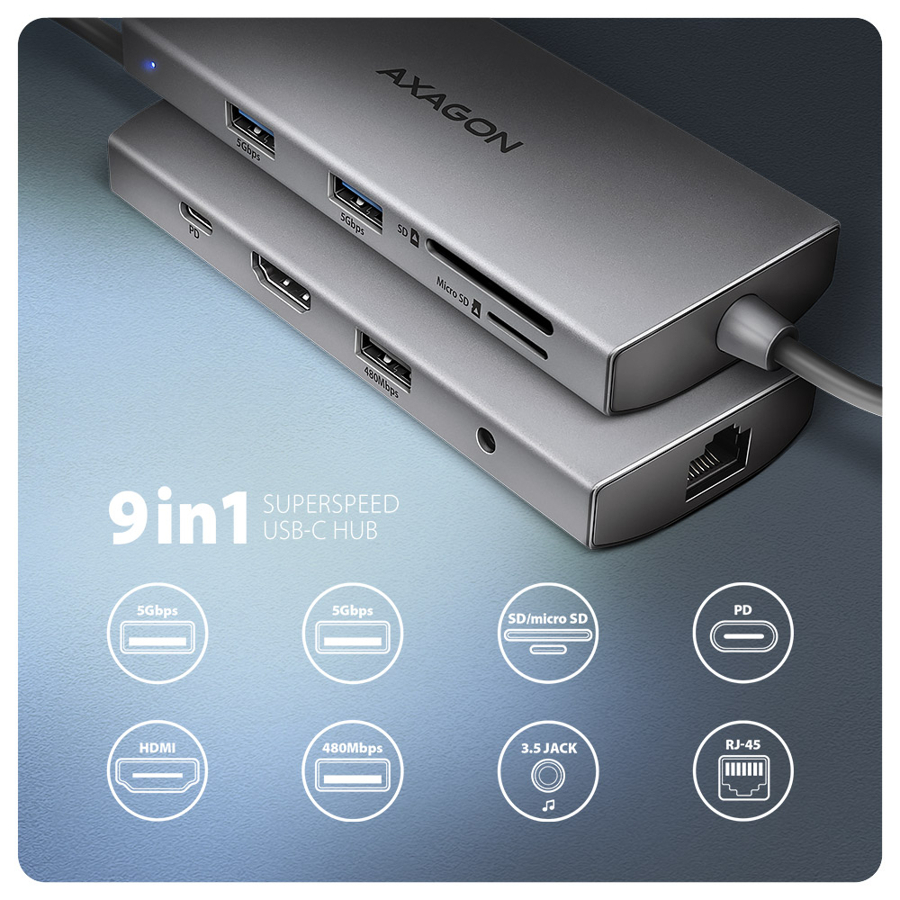 AXAGON HMC-8HLSA – přehled devíti portů 9v1 USB-C hubu