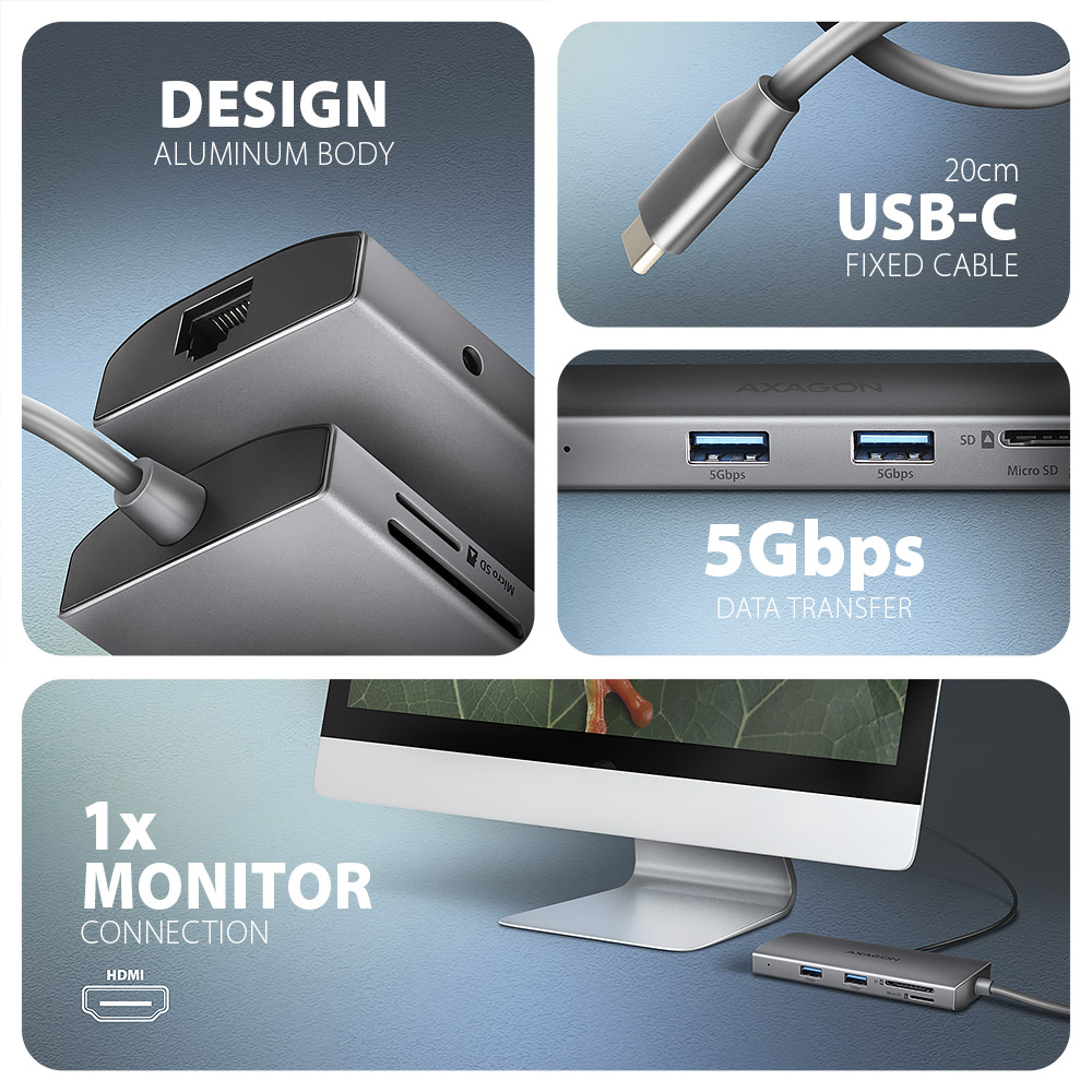 Hliníkové tělo hubu, 20cm USB-C kabel a připojení monitoru