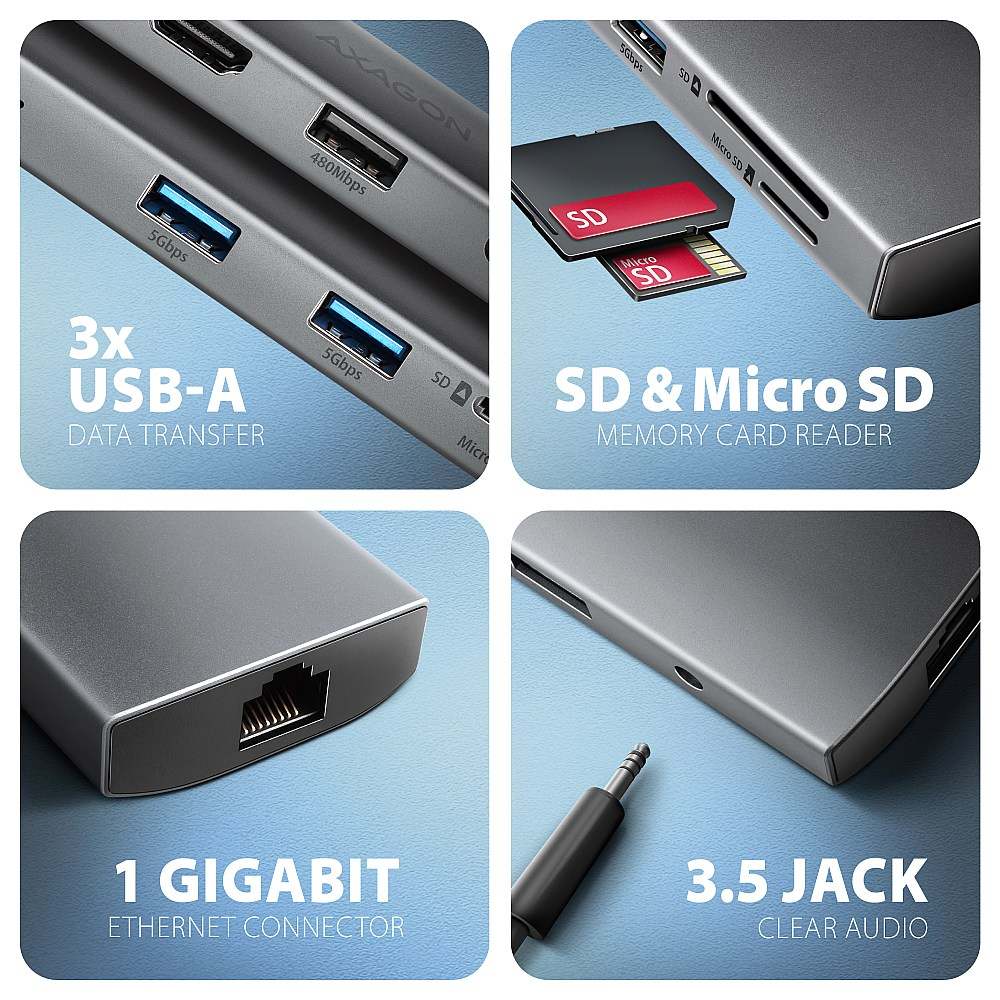 USB-A porty, čtečka SD a Micro SD karet, RJ-45 a audio jack