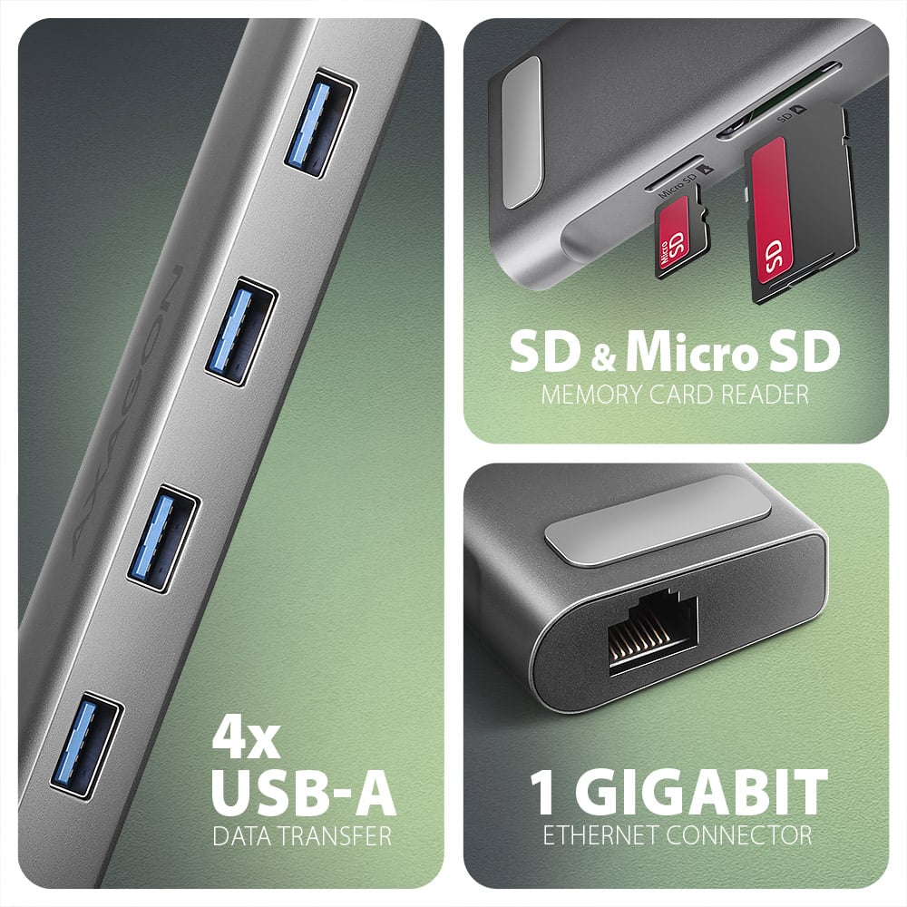 Čtyři porty USB-A, čtečka SD a Micro SD karet a gigabitový RJ-45