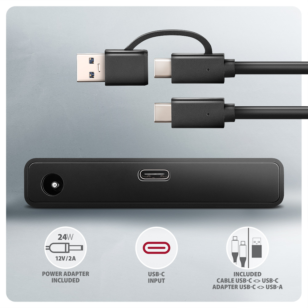 Obsah balení AXAGON ADSA-FPX – kabel USB-C na USB-A a síťový adaptér 12V/2A
