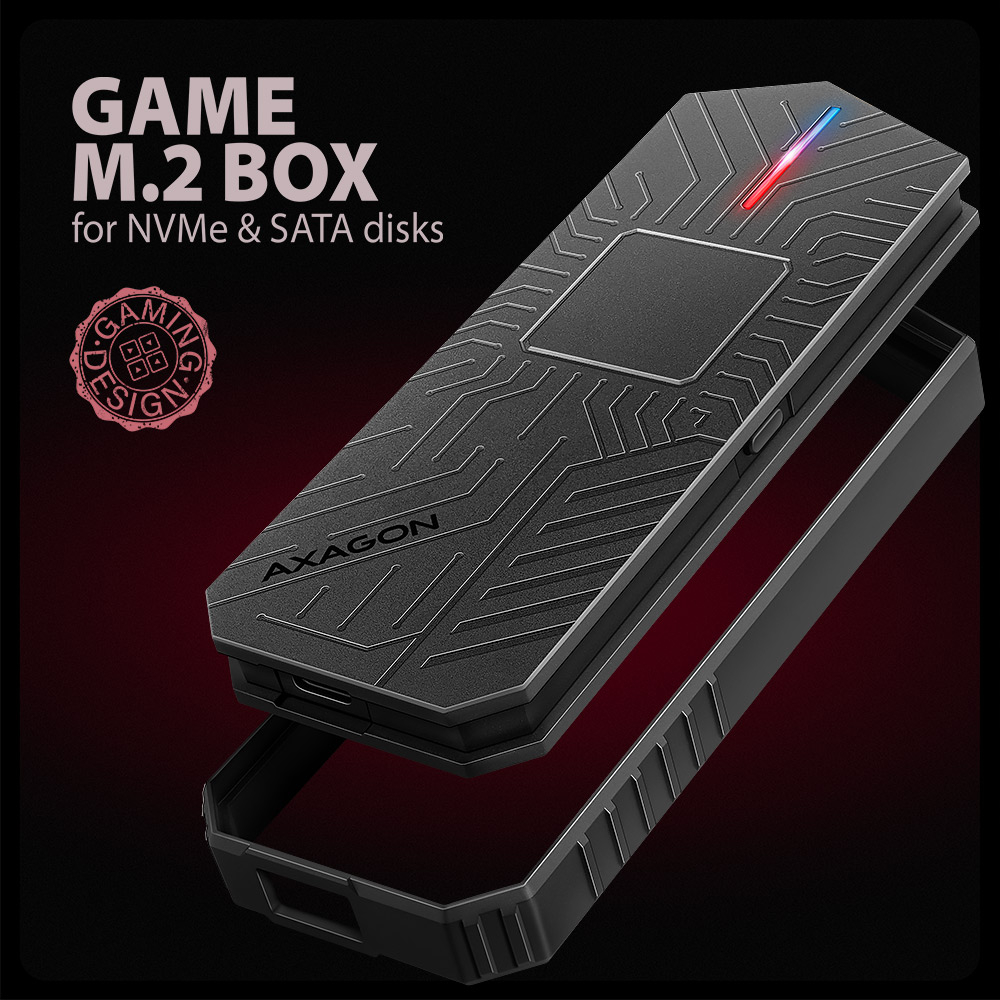AXAGON EEM2-GAM – herní box pro M.2 SSD disky s hranatým designem a RGB podsvícením