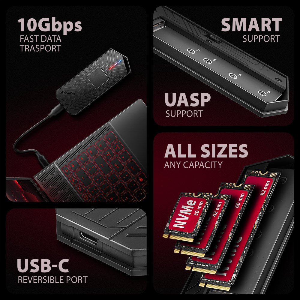 Přehled funkcí boxu AXAGON EEM2-GAM – rychlost 10 Gbps, podpora SMART, UASP a všech velikostí M.2 SSD