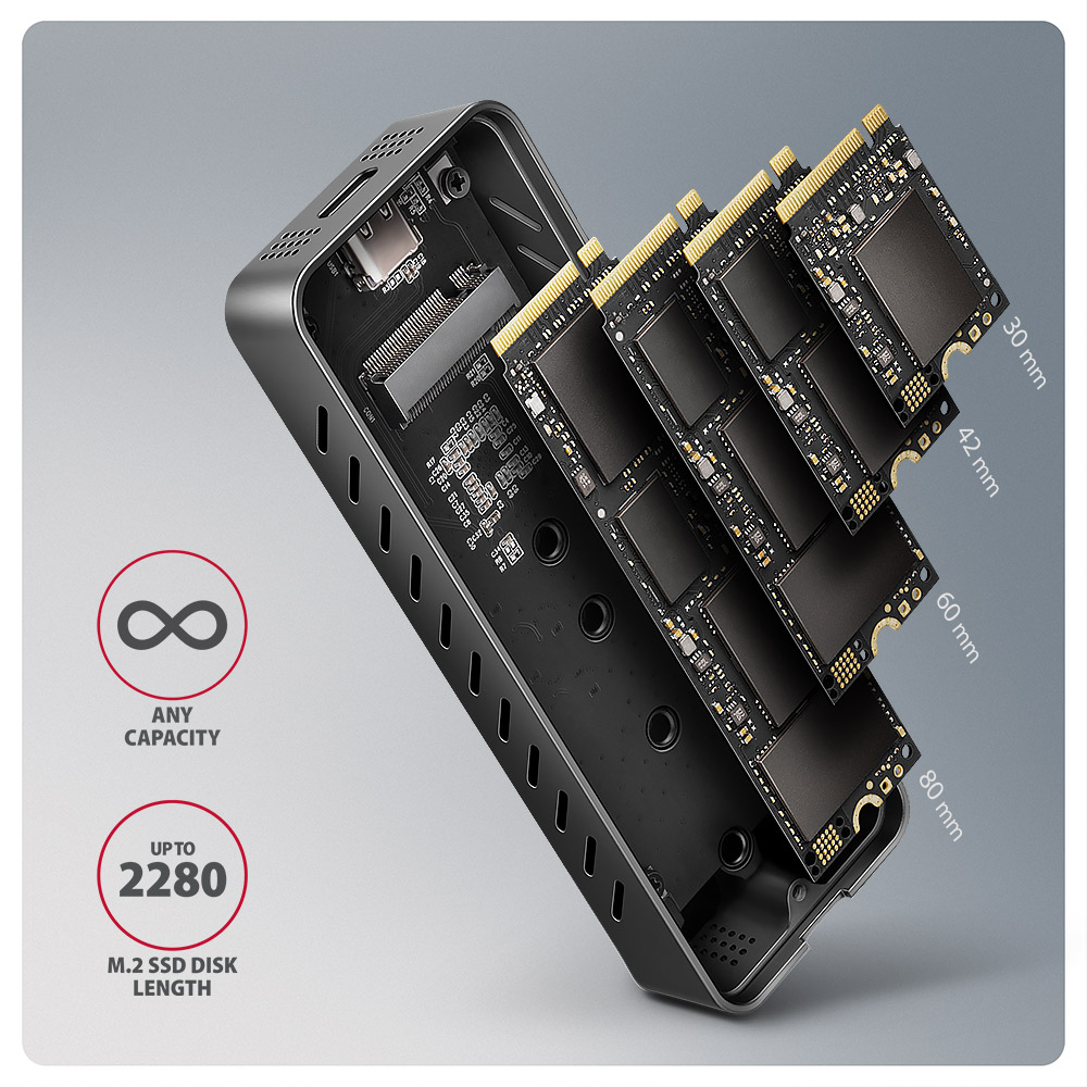AXAGON EEM2-20G – podporované délky M.2 SSD disků 30 až 80 mm