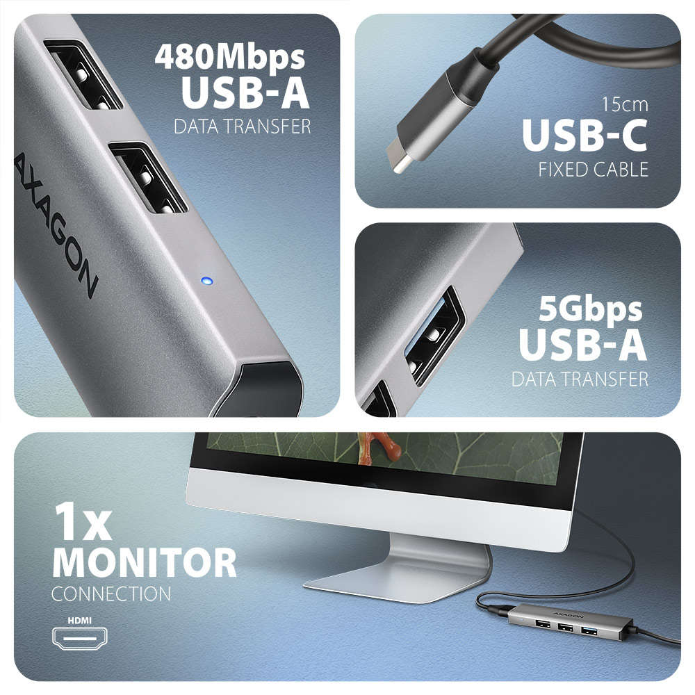 AXAGON HMC-H3A – porty USB-A, USB-C kabel a HDMI výstup