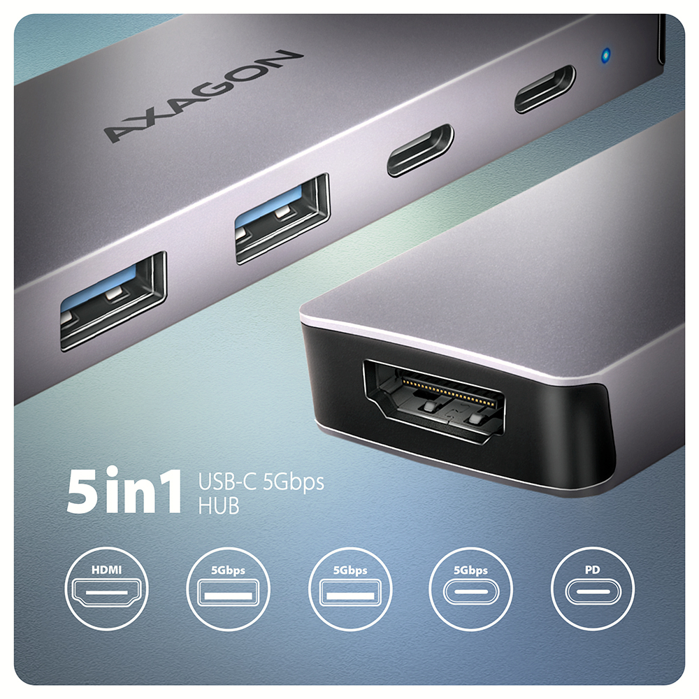 AXAGON HMC-5H60 – USB-C hub s HDMI, PD a USB-A porty