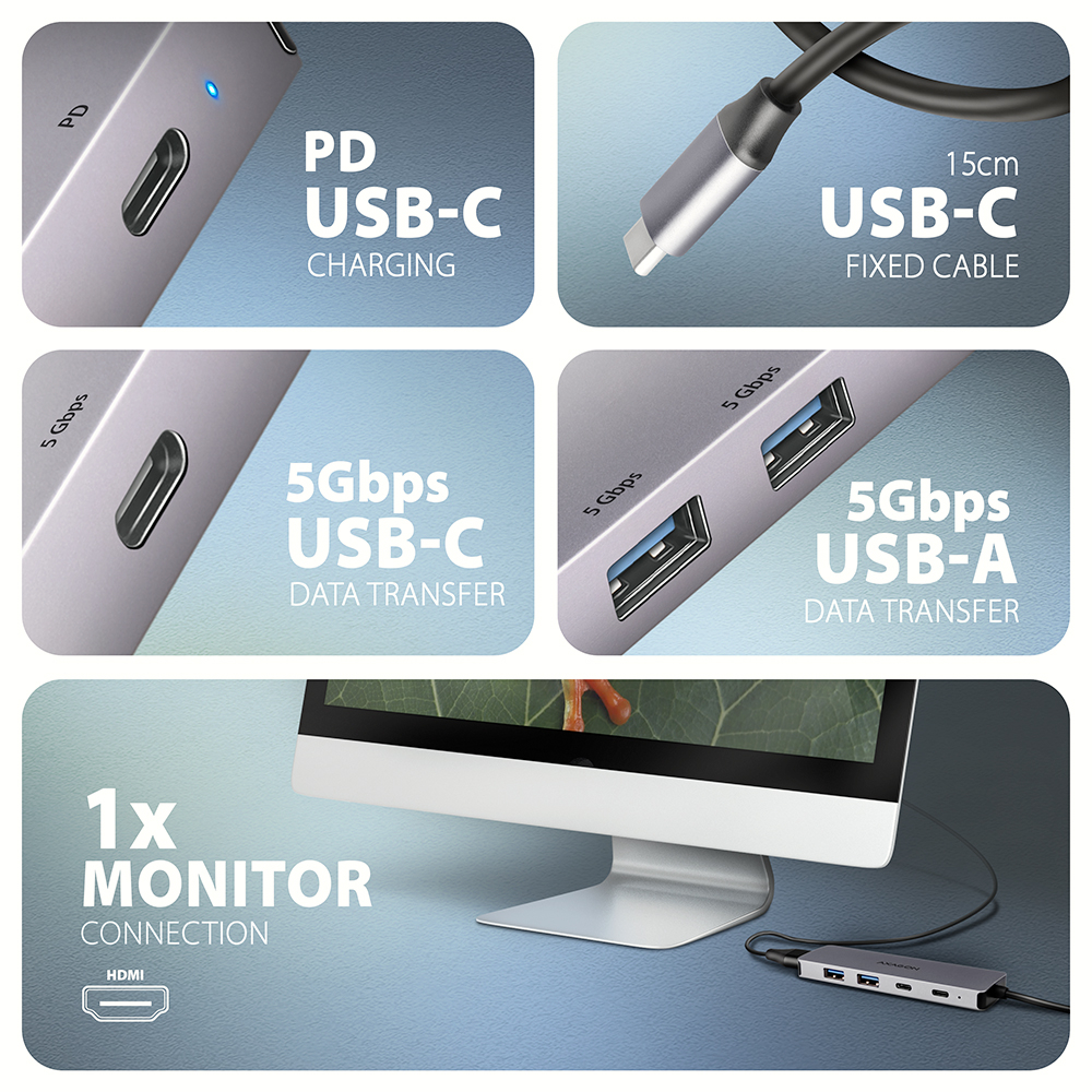 AXAGON HMC-5H60 – USB-A a USB-C porty s 5Gbps přenosem