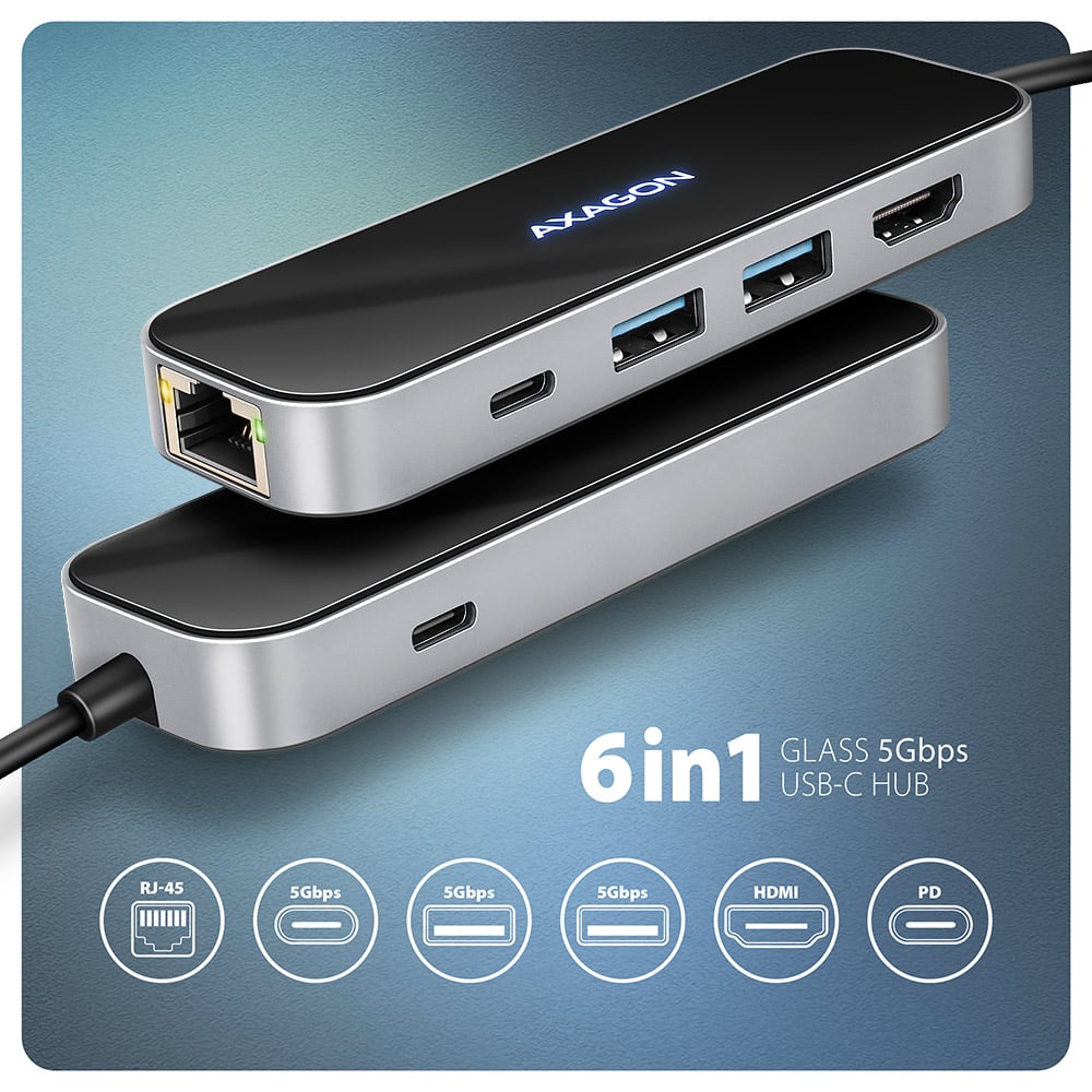 AXAGON HMC-6GLN – skleněný USB-C hub s RJ-45 a HDMI