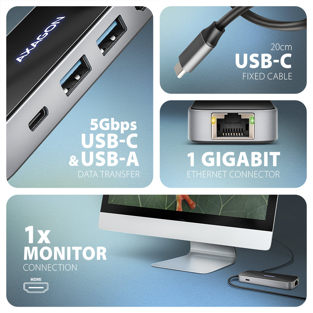 AXAGON HMC-6GLN – gigabitový RJ-45 port a USB-A porty