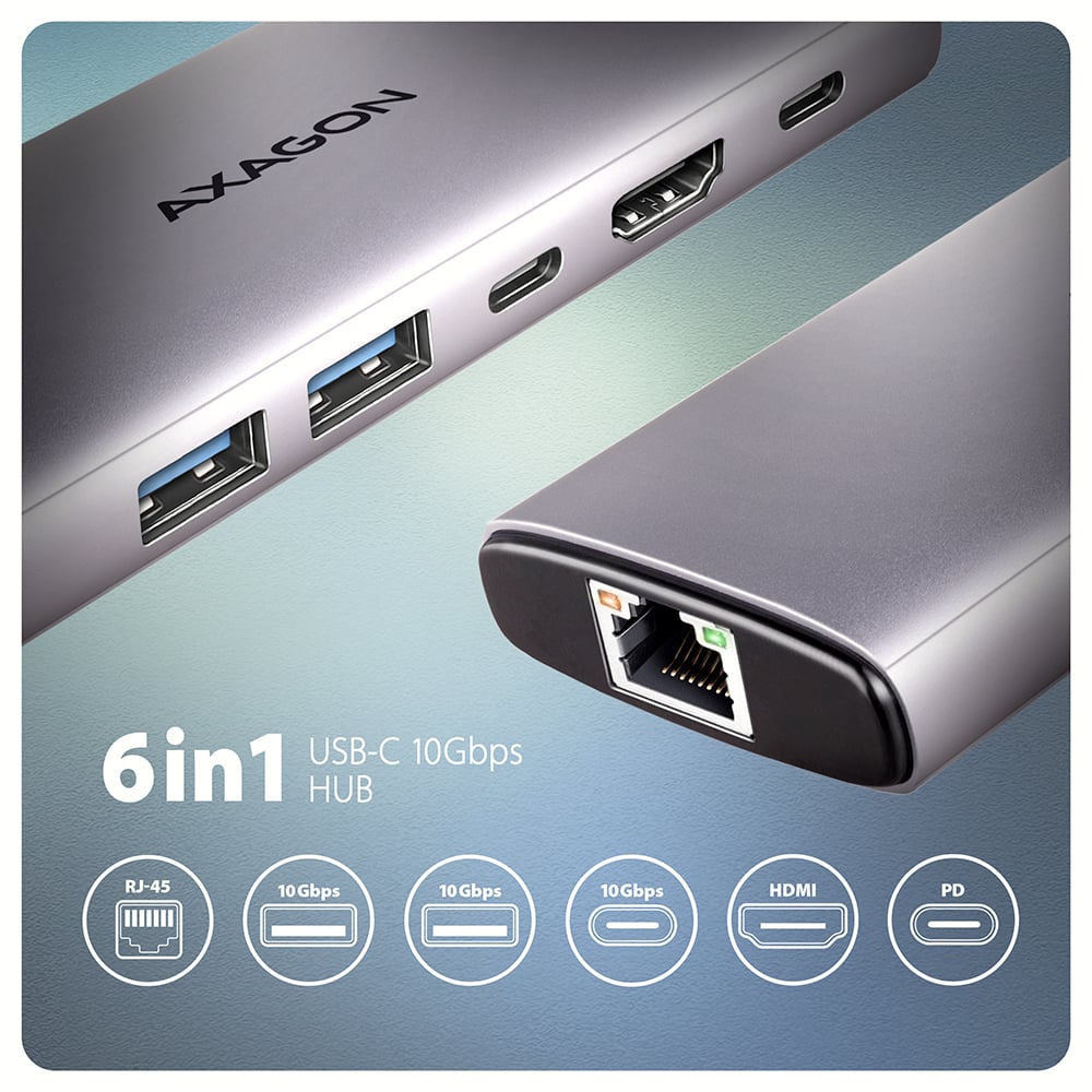 AXAGON HMC-6G2L – hliníkový USB-C hub s RJ-45 a HDMI