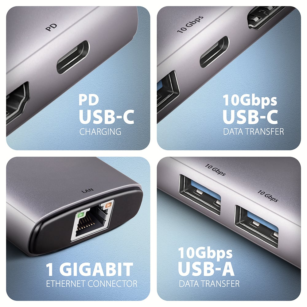 AXAGON HMC-6G2L – PD, USB-C, RJ-45 a USB-A porty s 10Gbps přenosem