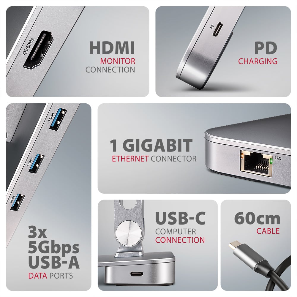 AXAGON HMC-STND – RJ-45, HDMI, PD a USB-A porty na stojanu