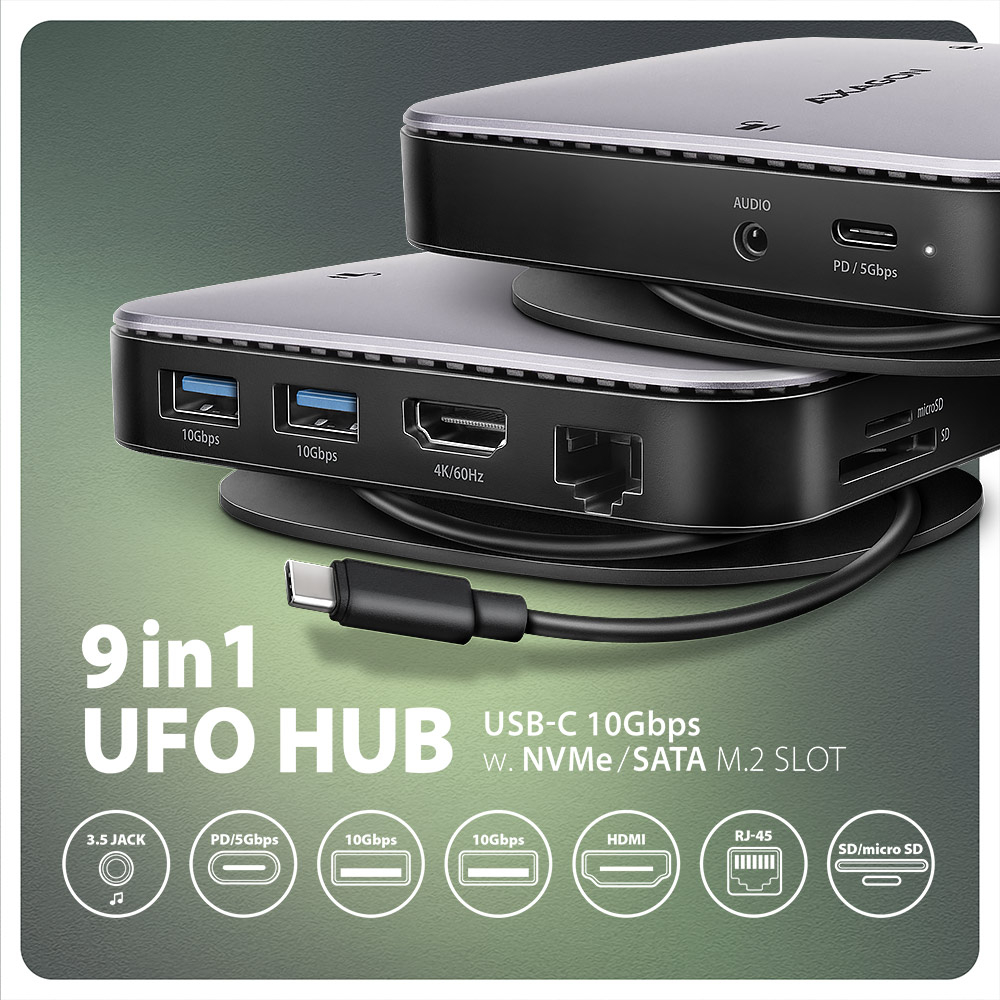 AXAGON HMC-UFO – 9 v 1 USB-C 10Gbps hub s NVMe/SATA M.2 slotem