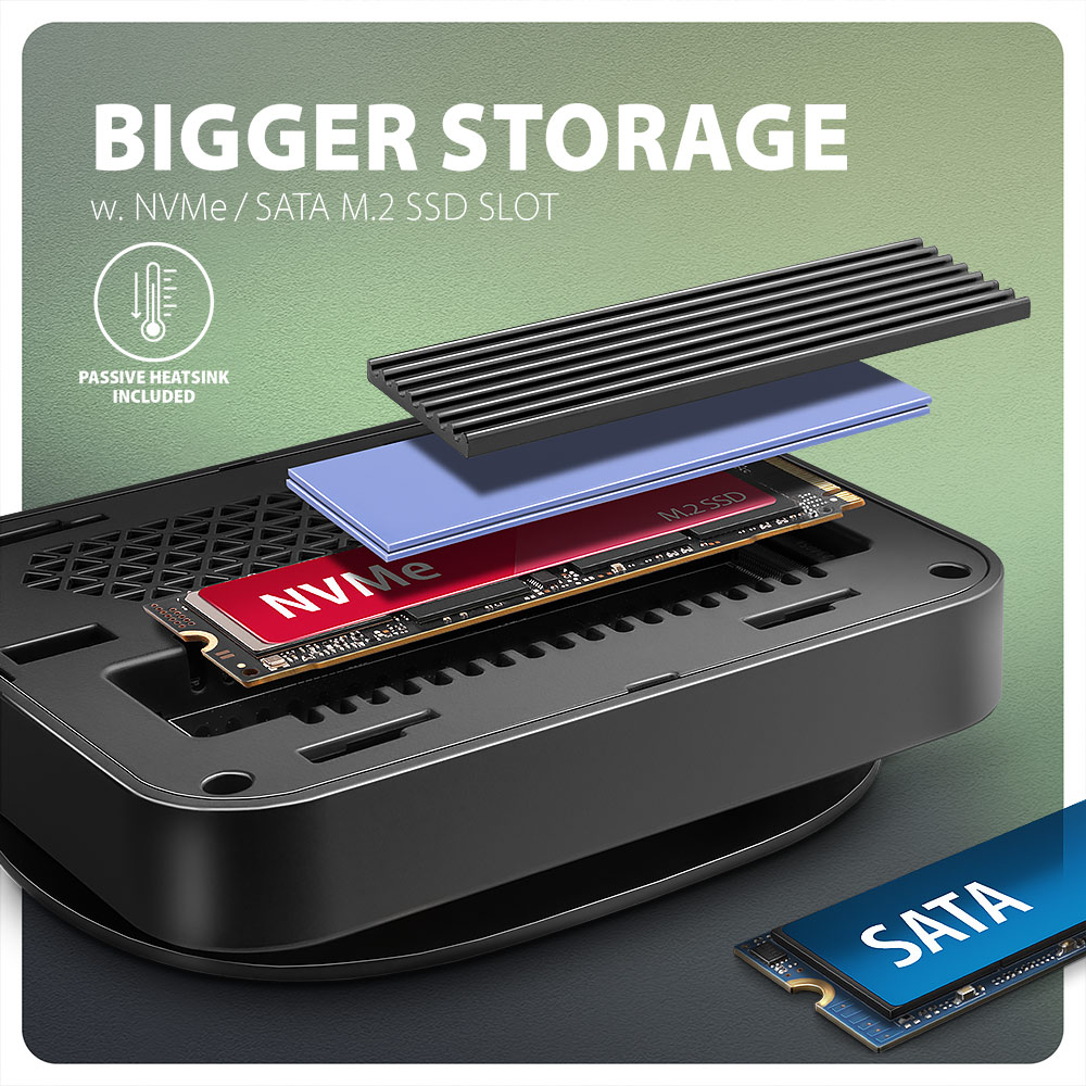 AXAGON HMC-UFO – slot pro NVMe nebo SATA M.2 SSD s pasivním chladičem