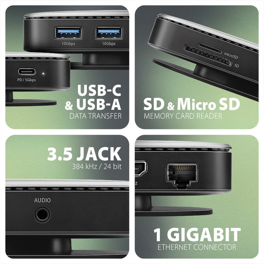 AXAGON HMC-UFO – USB-A, USB-C, čtečka SD/microSD, audio jack a gigabitový LAN