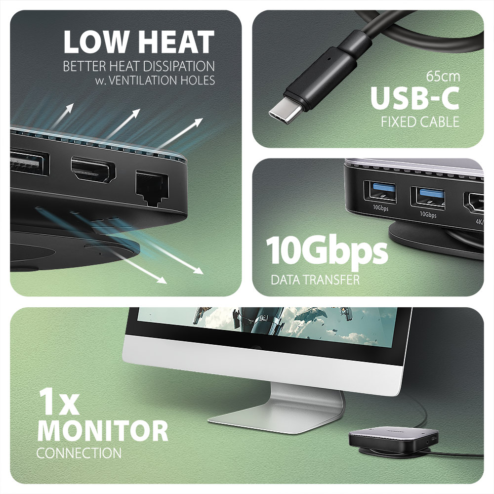 AXAGON HMC-UFO – balení obsahuje hub, pevný USB-C kabel a chladič M.2 SSD