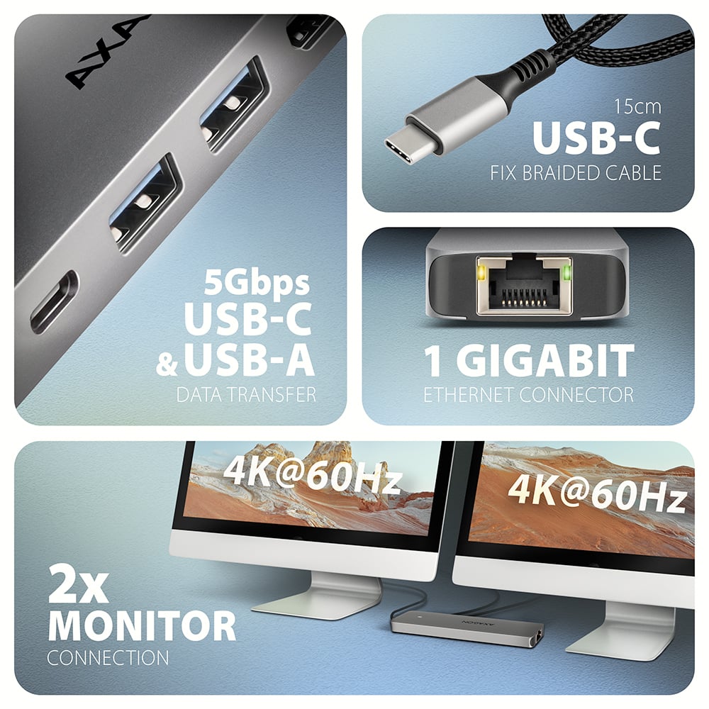 AXAGON HMC-7HX2 – USB-A, USB-C, gigabitový LAN port a pevný 15cm kabel
