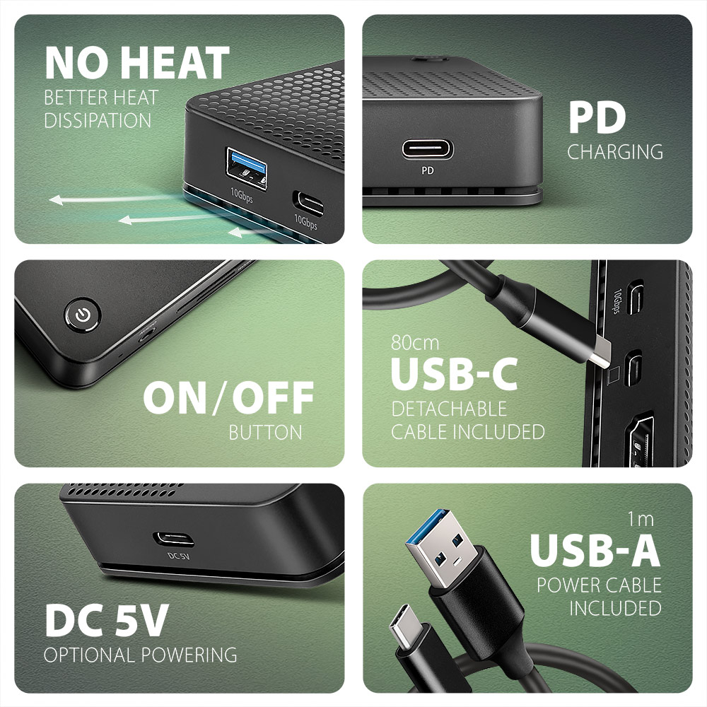 AXAGON HMC-U4 – tlačítko pro zapnutí, odnímatelný kabel USB-C a DC 5V vstup