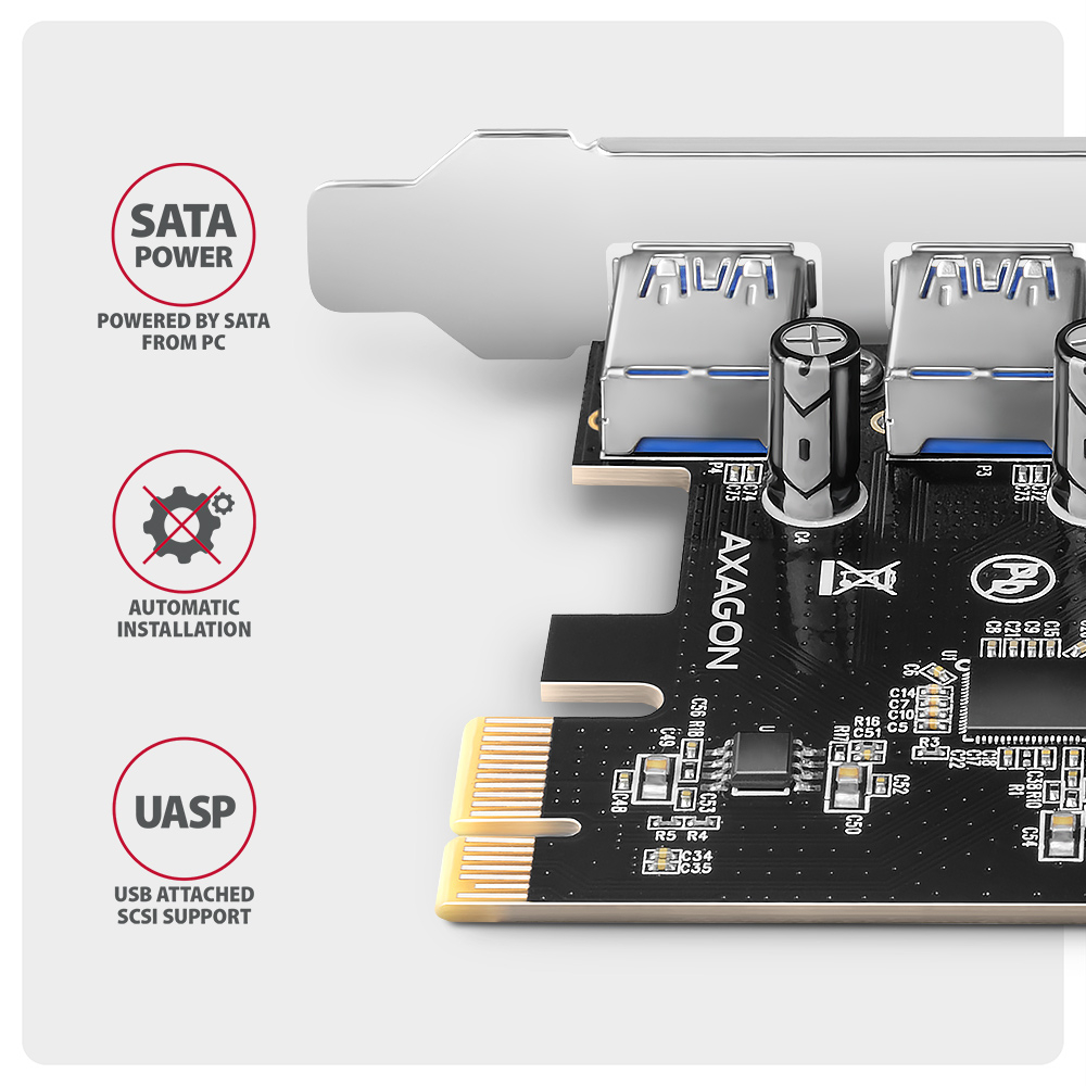 AXAGON PCEU-430RS – SATA napájení, automatická instalace a podpora UASP