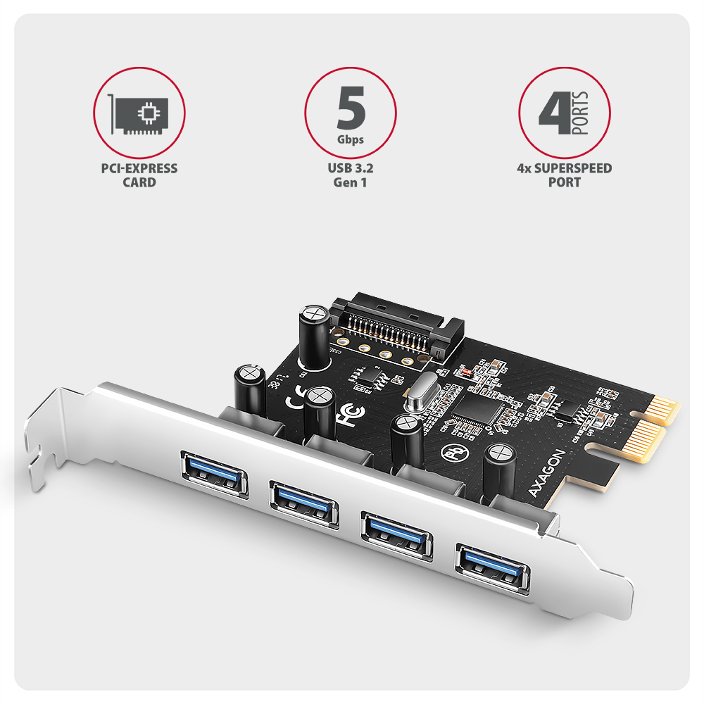 AXAGON PCEU-430RS – PCI-Express karta se čtyřmi externími porty USB-A 5 Gbps