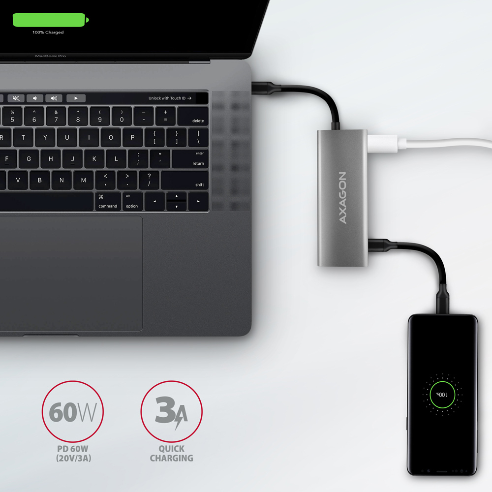 AXAGON HMC-5G21 – 60W Power Delivery nabíjení notebooku a telefonu