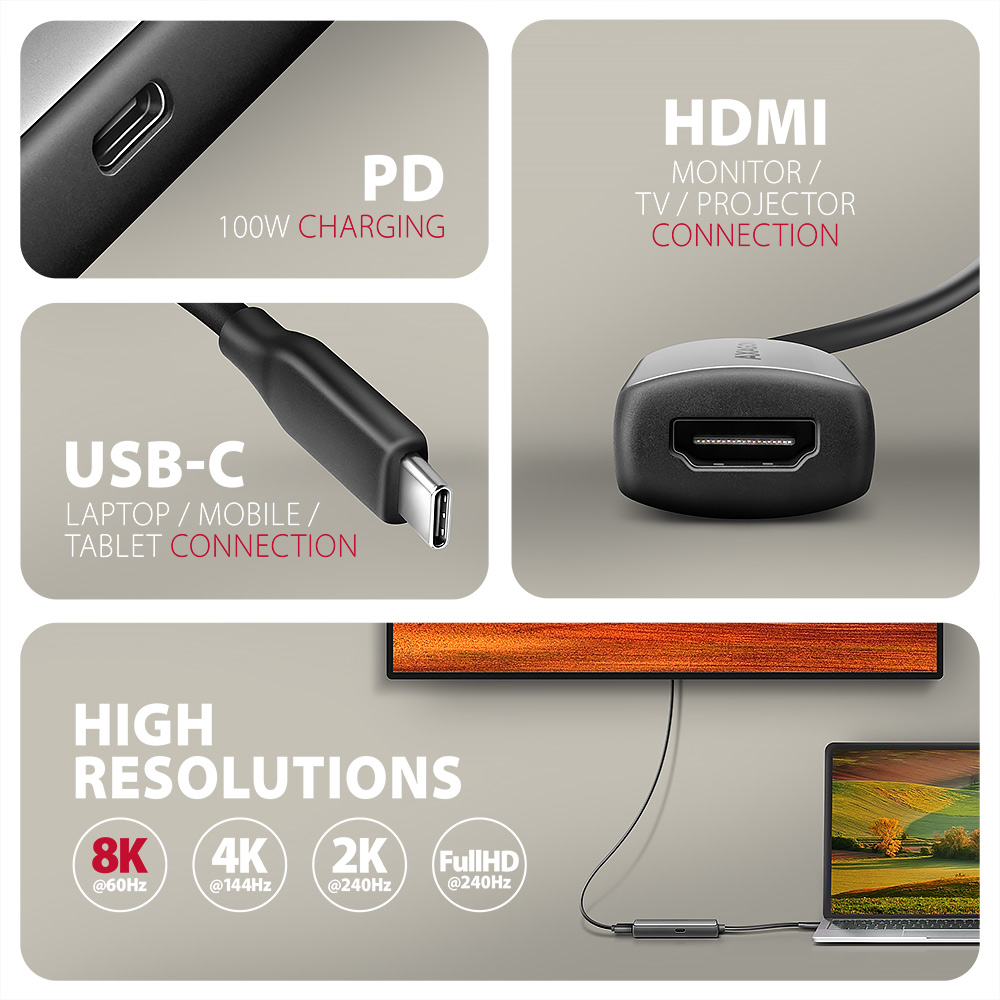 AXAGON RVC-HI8KPD – redukce USB-C na HDMI s konektory PD a USB-C