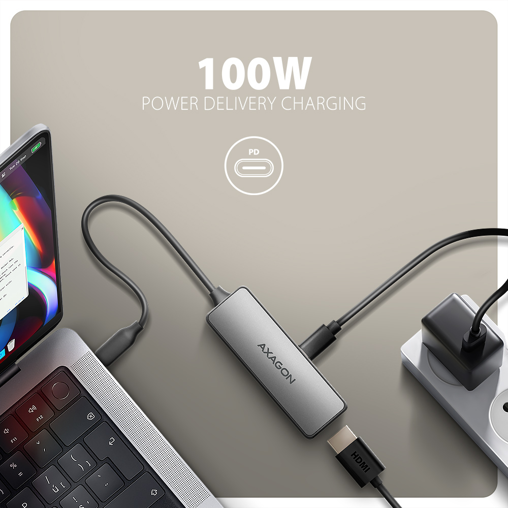 AXAGON RVC-HI8KPD – 100W Power Delivery nabíjení notebooku a tabletu