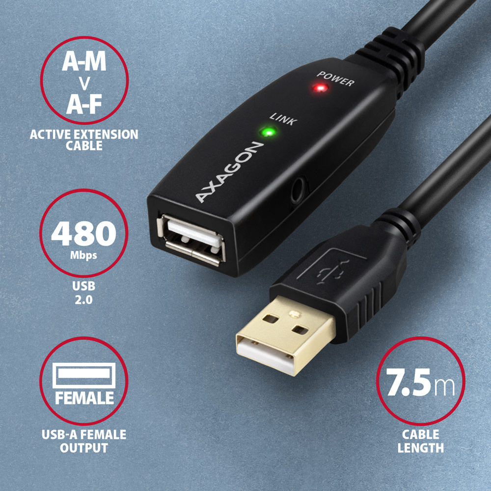 AXAGON ADR-207 – aktivní USB repeater kabel o délce 7,5 metru