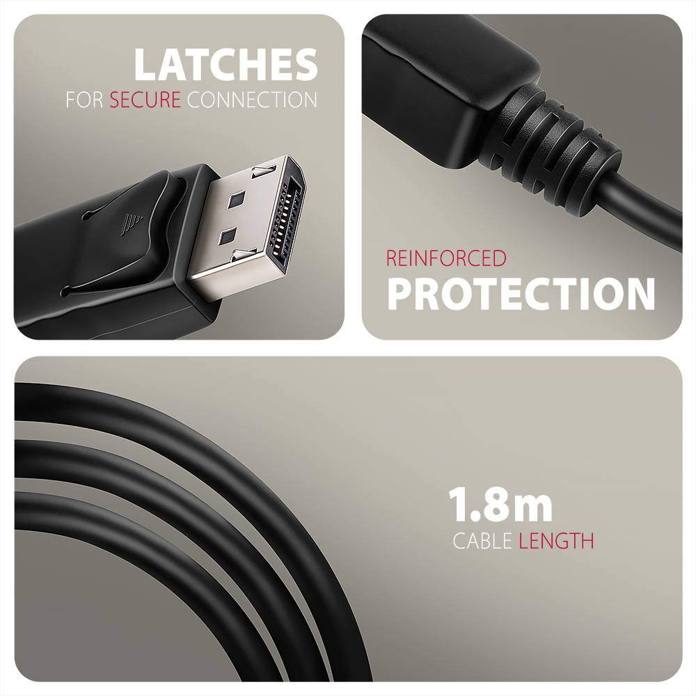 AXAGON RVD-HI20C2 – zajišťovací západka konektoru DisplayPort a zesílená ochrana kabelu