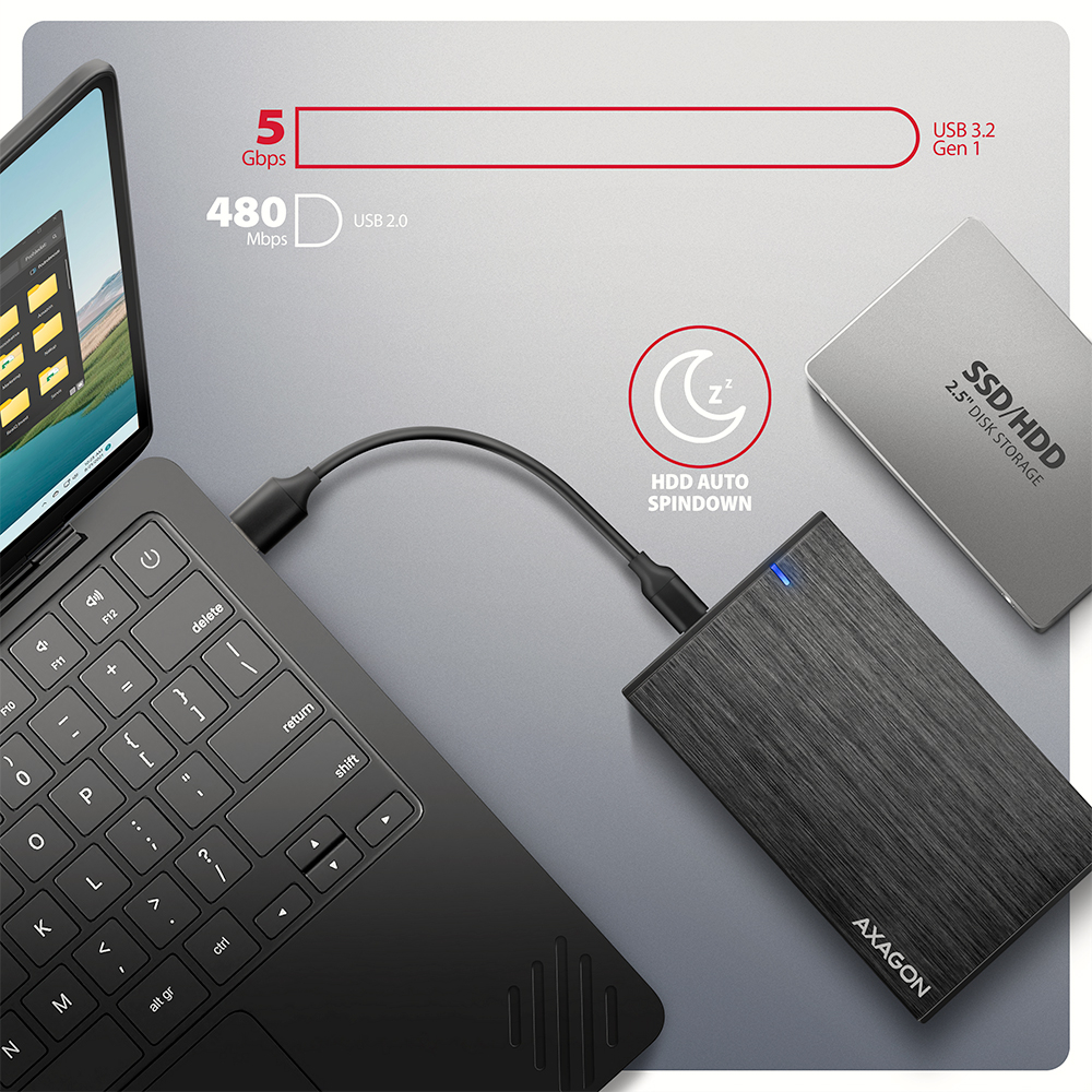 AXAGON EE25-XA6C – připojení k notebooku a automatický spindown disku