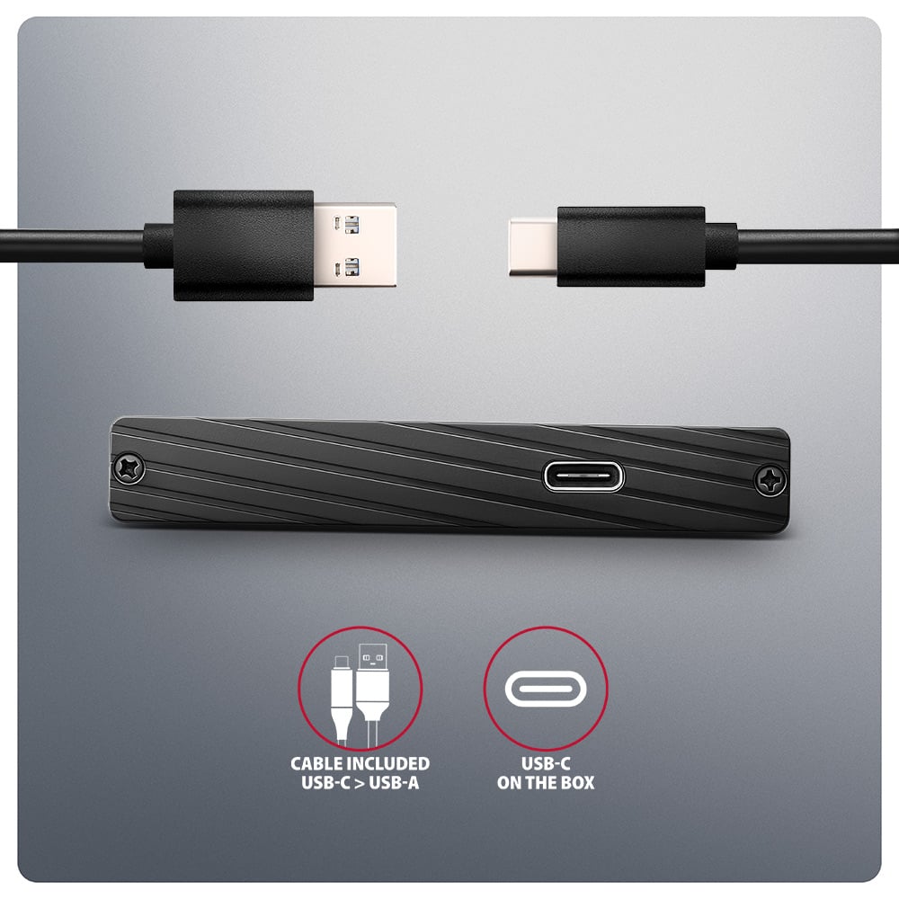 AXAGON EE25-XA6C – přiložený USB-C kabel v balení boxu