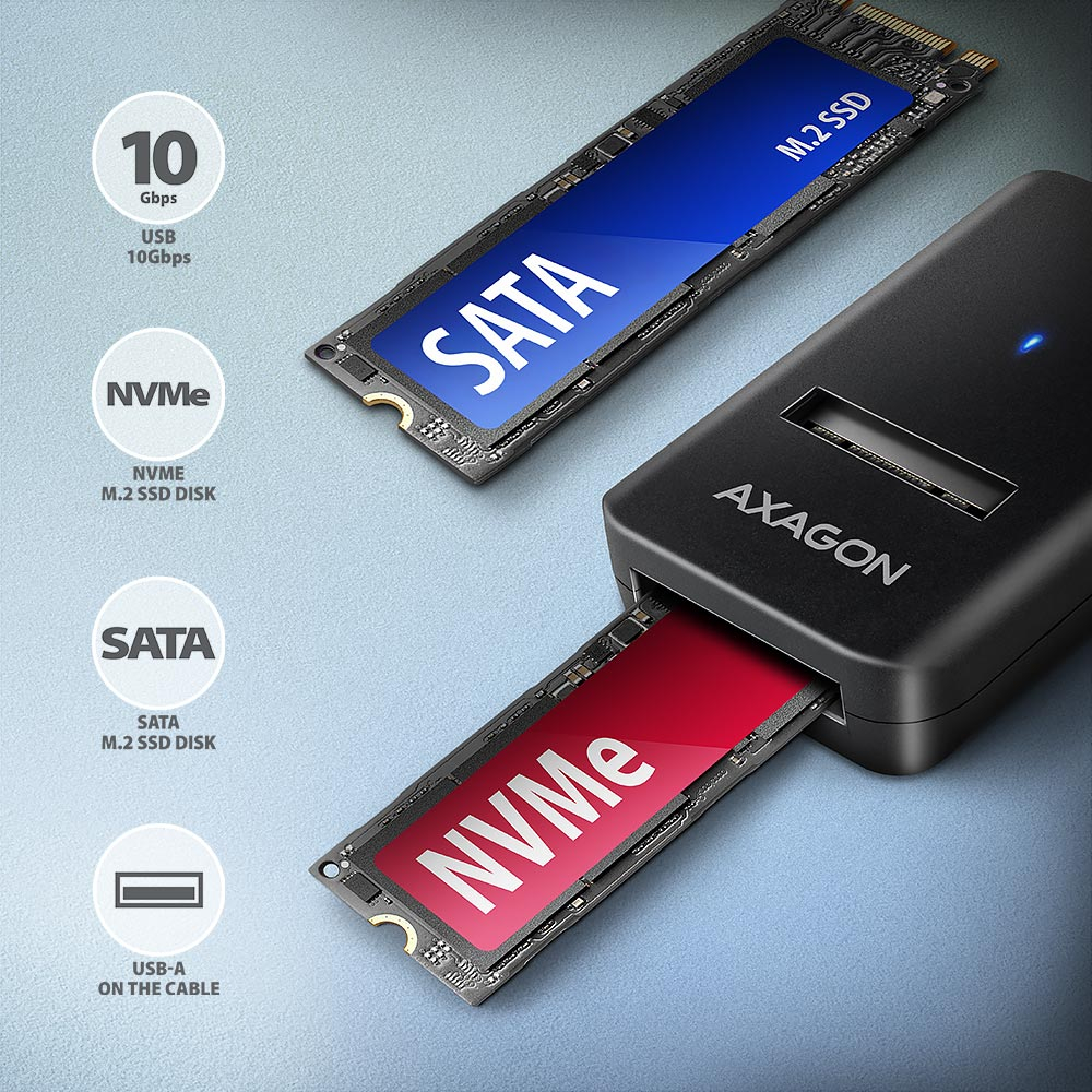 AXAGON ADM2-AM – adaptér pro M.2 NVMe a SATA SSD disky s konektorem USB-A