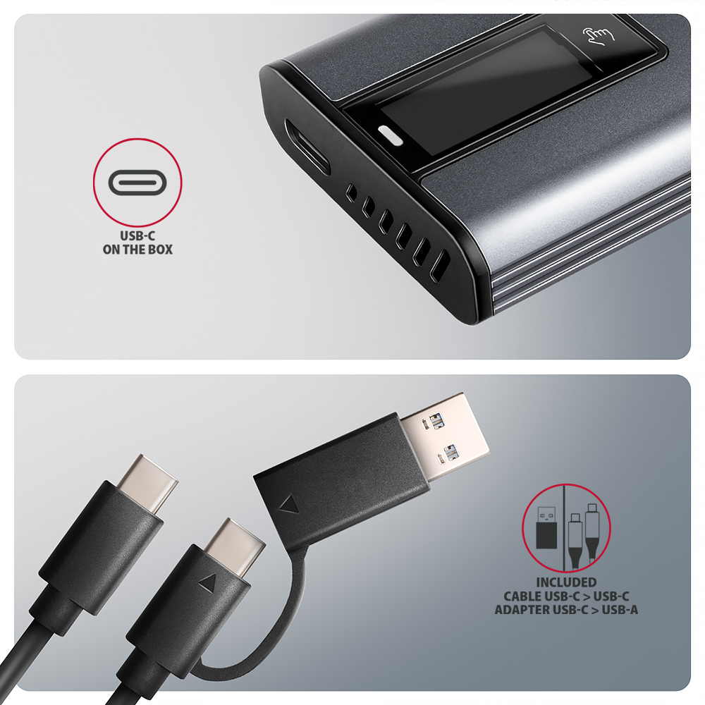 AXAGON EEM2-SD2 – přiložený USB-C kabel a redukce na USB-A