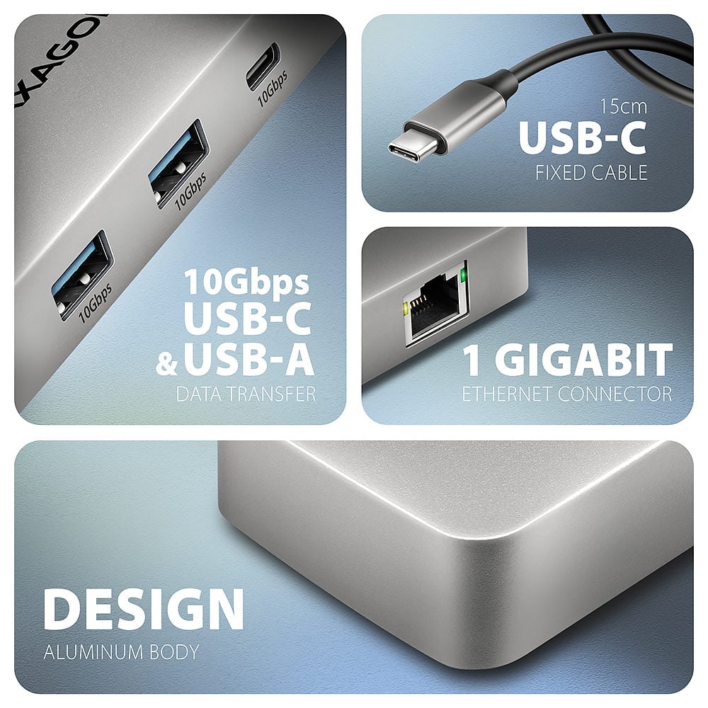 AXAGON HMC-CUB83X2 – USB-A, USB-C, gigabitový LAN port a hliníkové tělo
