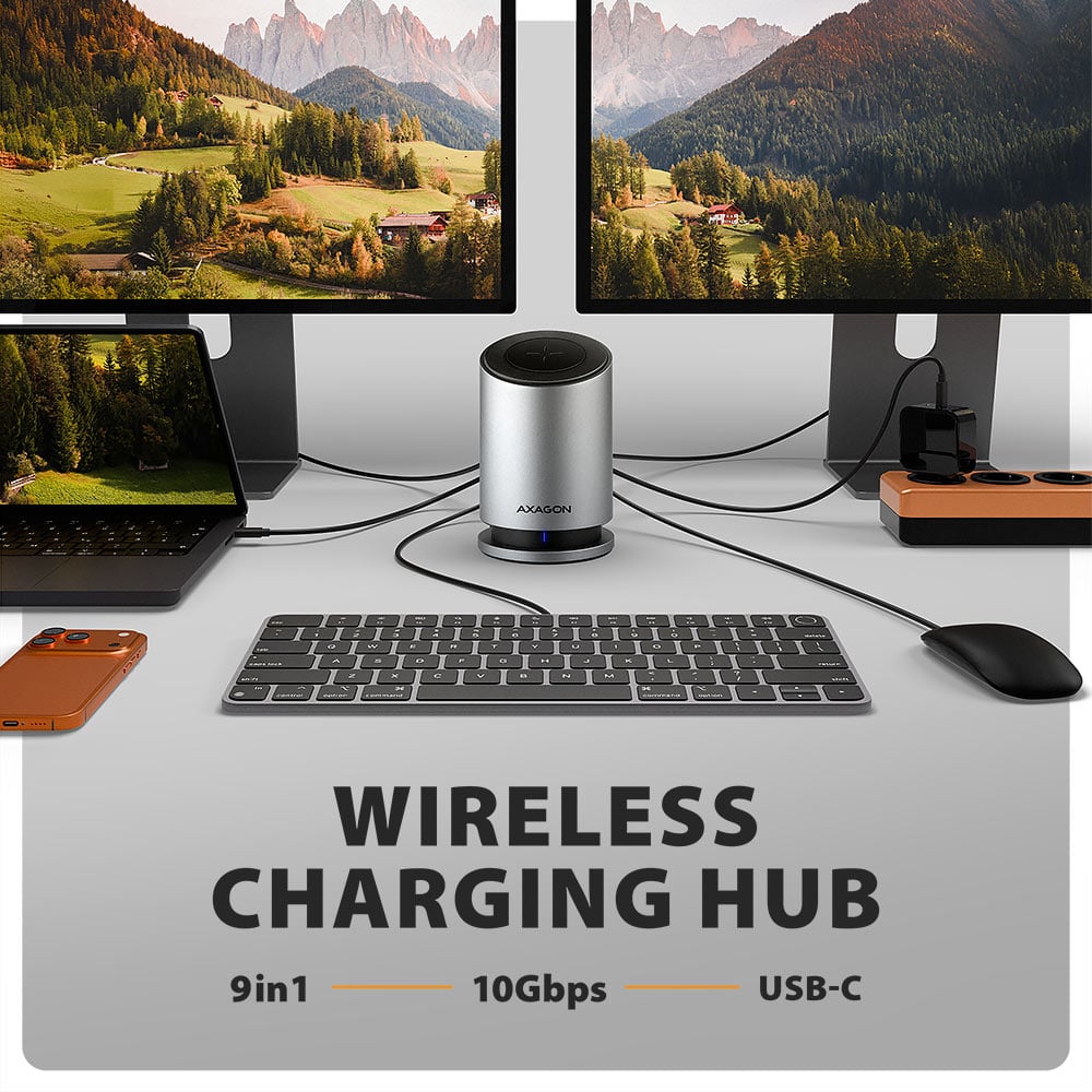 AXAGON HMC-WL9 – hub s bezdrátovým nabíjením na pracovním stole