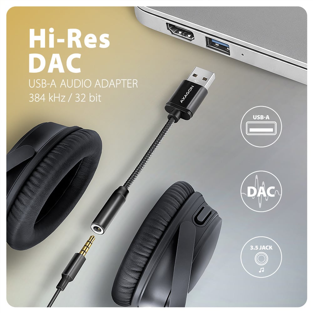 AXAGON ADA-HA – USB-A Hi-Res DAC audio adaptér se sluchátky