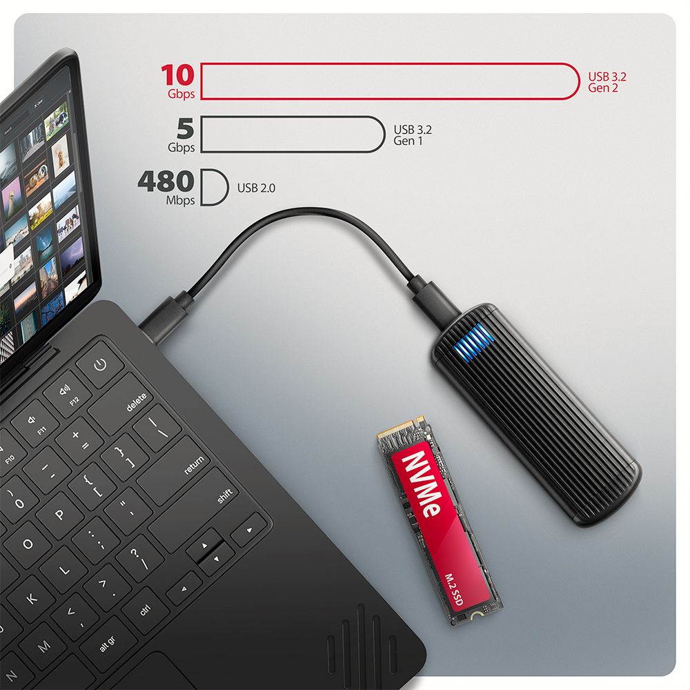 AXAGON EEM2-SC – rychlost přenosu USB 3.2 Gen 2 10Gbps připojená k notebooku