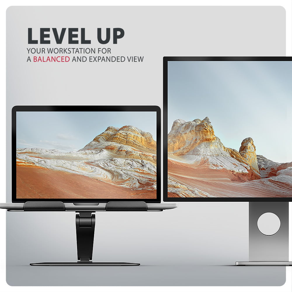 AXAGON STND-LQB – notebook na stojanu srovnaný do stejné výšky jako externí monitor