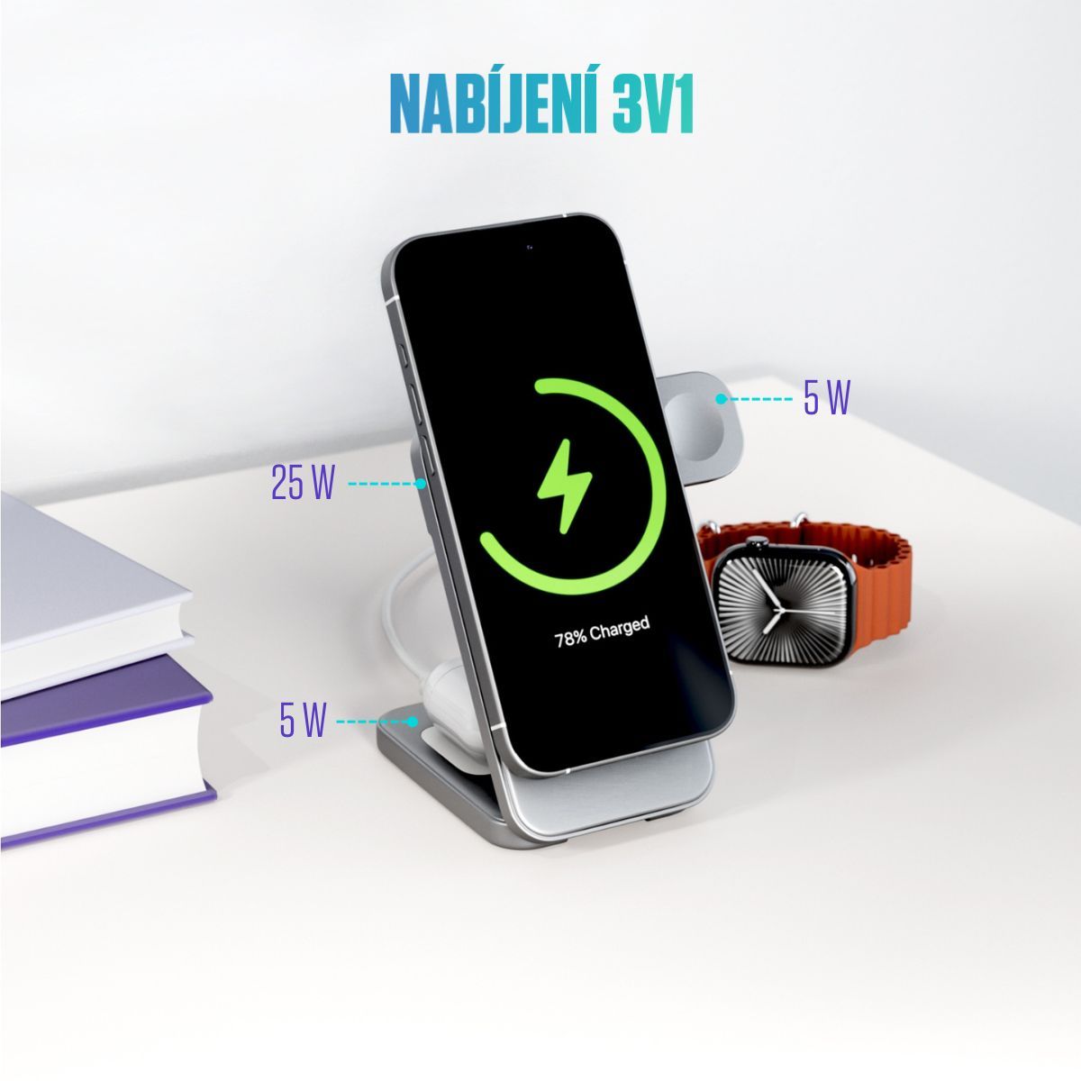 Spello ForceBase Qi2 25W 3in1 Fold MagSafe nabíjací stojan strieborný