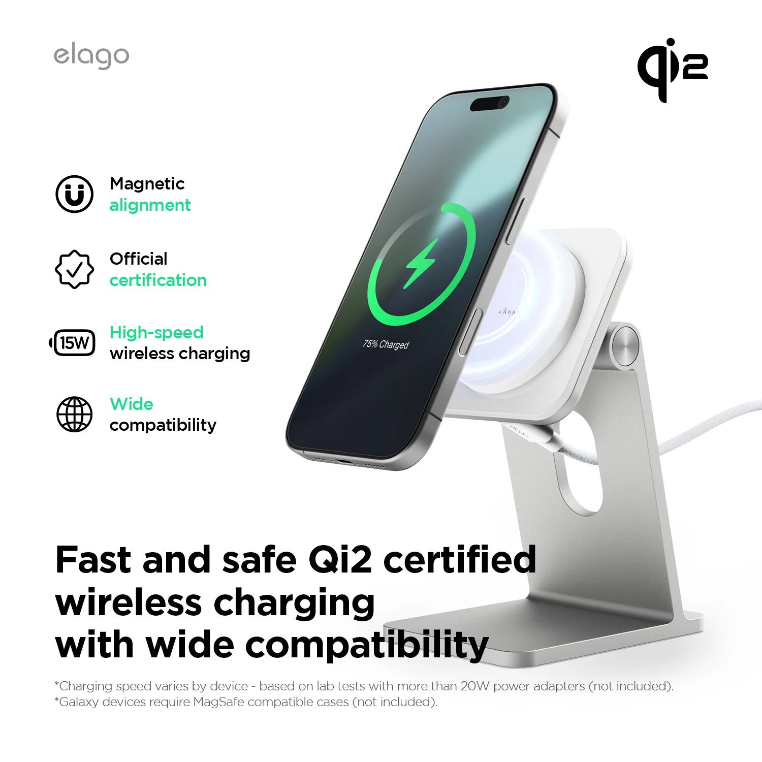 ELAGO Wireless Charging Aluminium Stand Qi2/MagSafe nabíjací stojanček 15W biely
