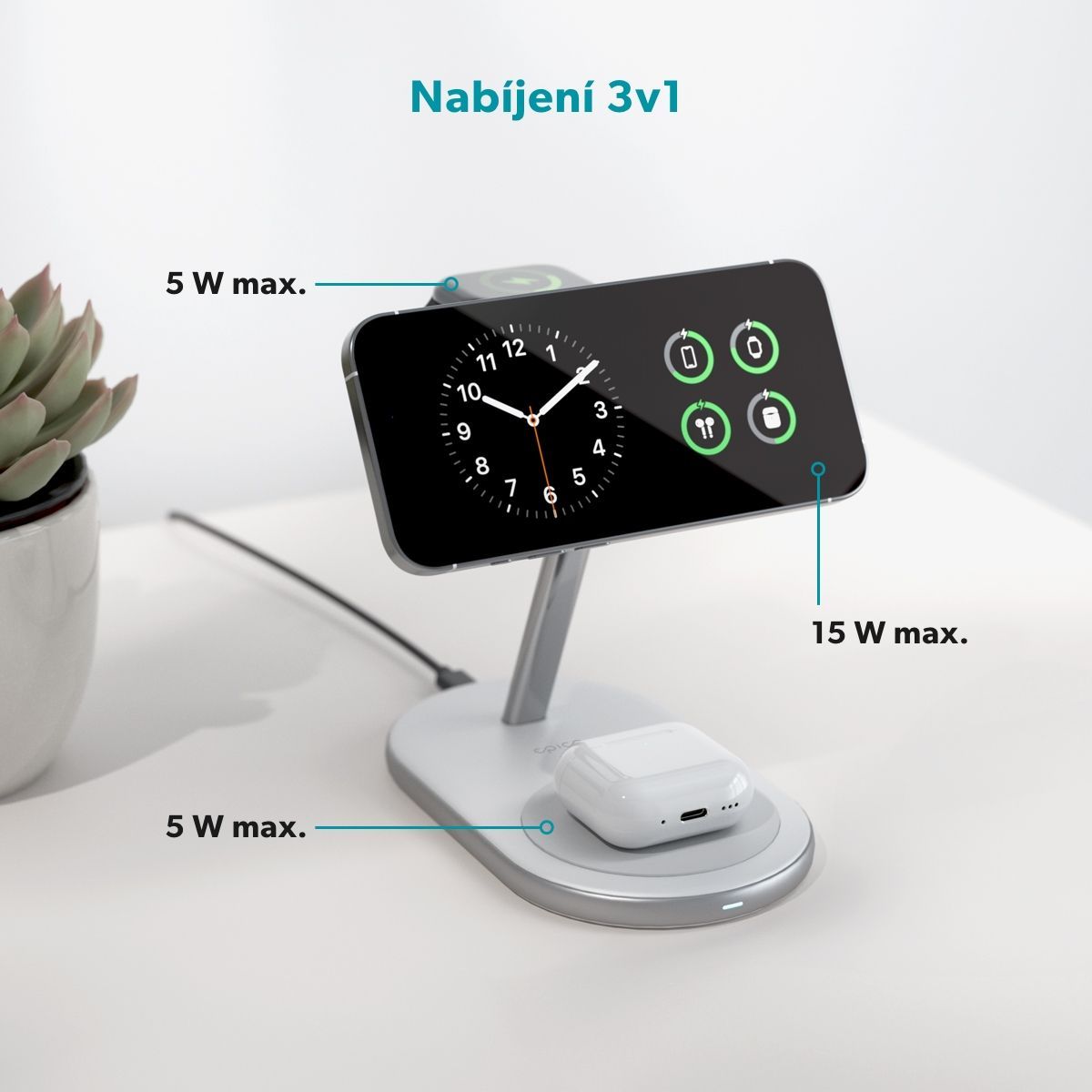 Epico UltraBase Qi2/MagSafe 3v1 Mag+ bezdrátový nabíjecí stojánek bílý