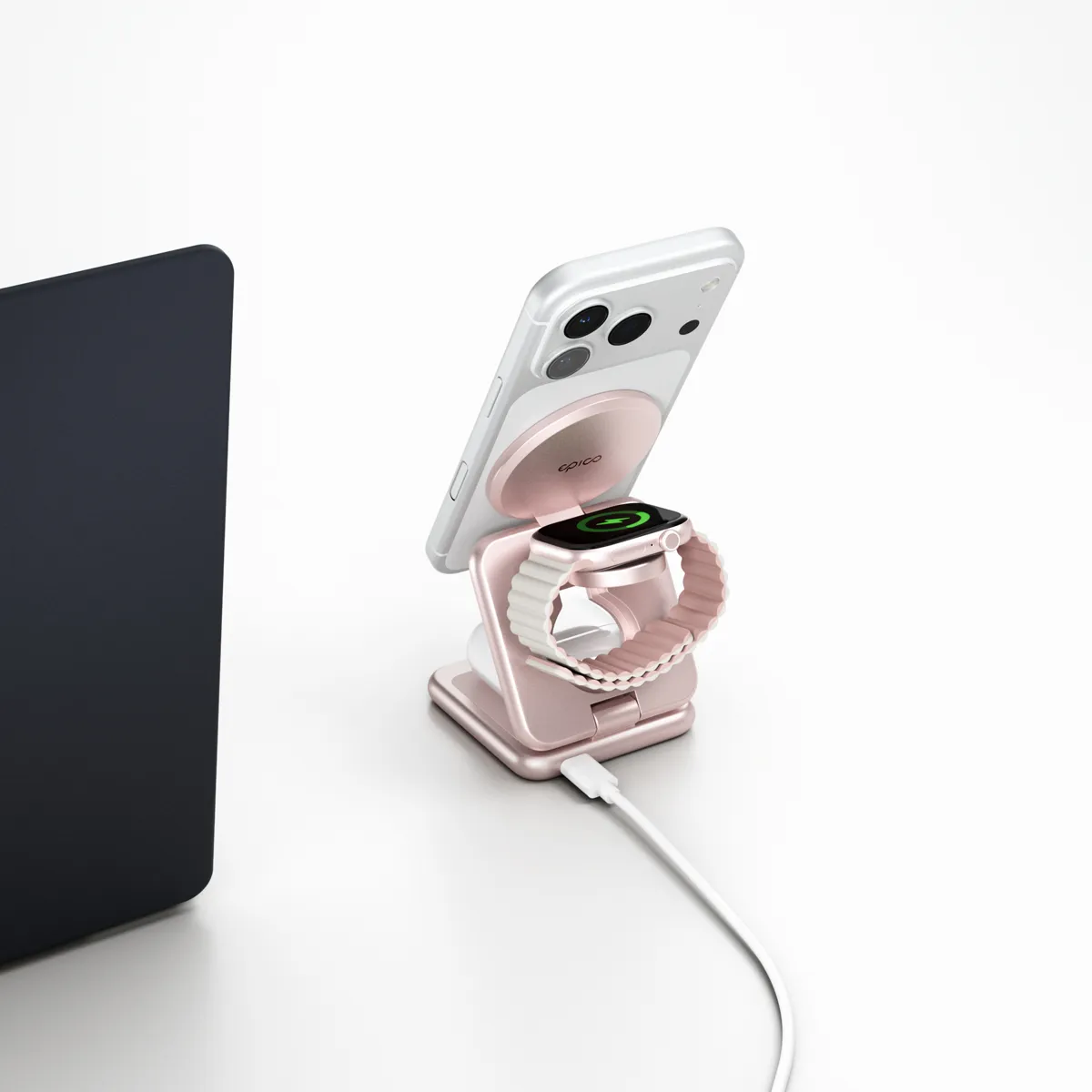 Epico UltraBase Qi2 MagSafe 25W 3v1 Fold kovový Mag+ bezdrátový nabíjecí stojánek růžový