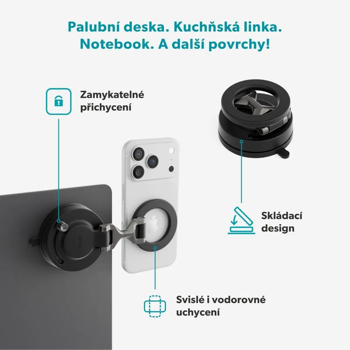 Epico Mag+ MagSafe přísavný držák na telefon do auta a na hladké povrchy černý