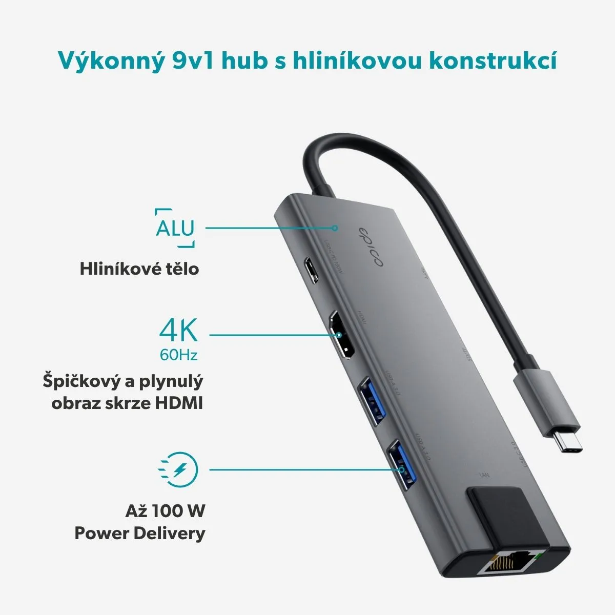 Epico UltraHub 9in1 Slim Alu USB-C Hub EH30 s Ethertnetem vesmírně černý