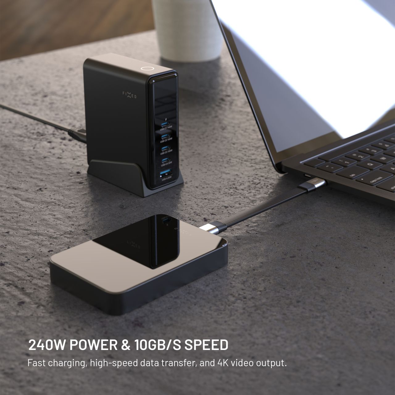 FIXED Clip Cable USB-C kabel s karabinou, 3.2 Gen 2 10Gb/s, 4K 60Hz, PD 240W, černý