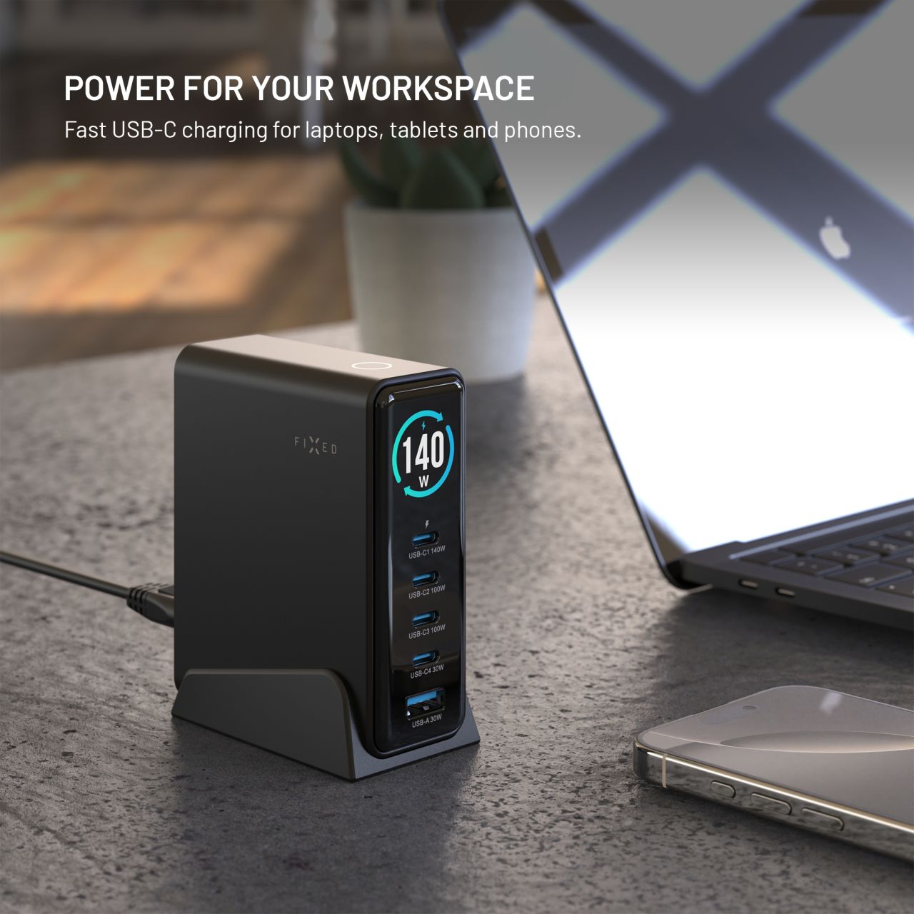 FIXED GaN nabíjecí stanice s displejem, USB-C a USB, PD 3.2 (140W) černá