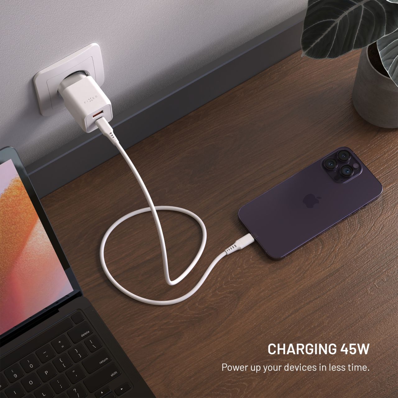 FIXED Mini GaN nabíječka s USB-C/USB-A (45W) PD bílá